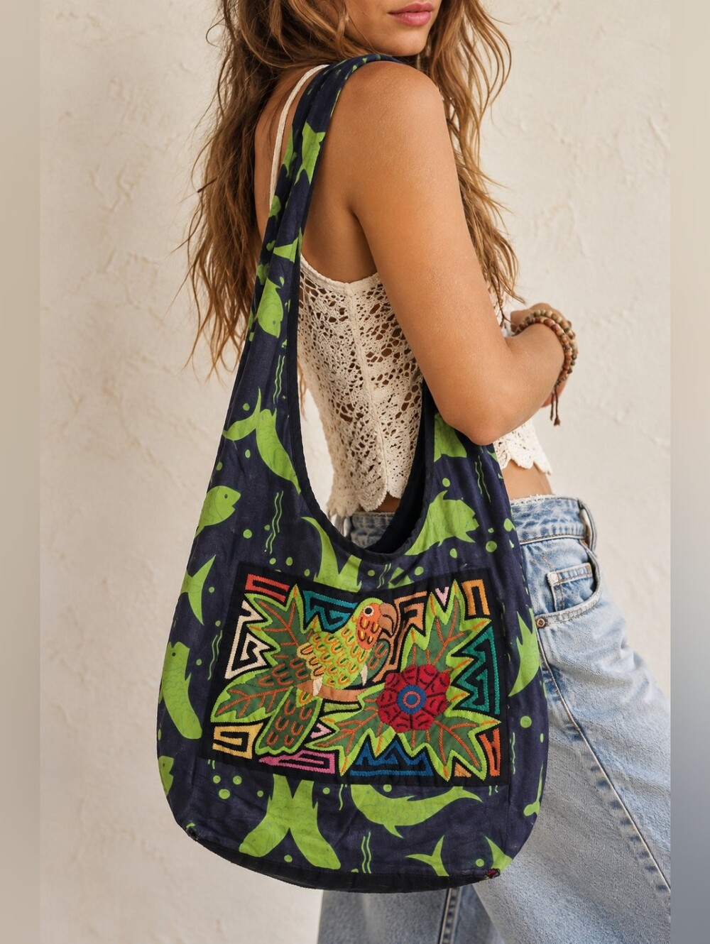 Boho Embroidered Parrot Hobo Shoulder Bag Fish Print Y2K Style